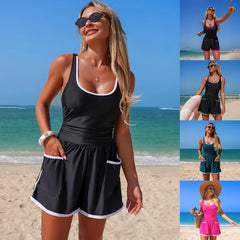 One Piece Swim Romper Contrast Trim Ruched Waist with Pockets Tummy Control Casual Bathing Suit