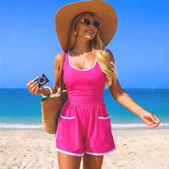 One Piece Swim Romper Contrast Trim Ruched Waist with Pockets Tummy Control Casual Bathing Suit