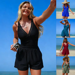 One Piece Swim Romper V Neck Mesh Panel Ruched Waist Tummy Control Casual Bathing Suit