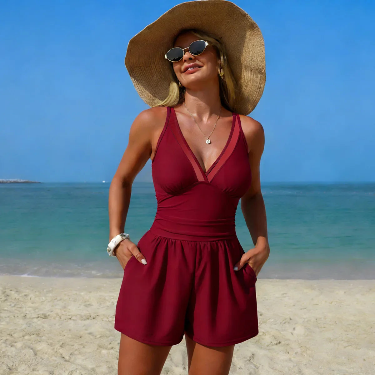 One Piece Swim Romper V Neck Mesh Panel Ruched Waist Tummy Control Casual Bathing Suit