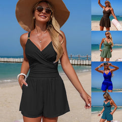One Piece Swim Romper V Neck Twist Front Ruched Waist with Pockets Tummy Control Bathing Suit