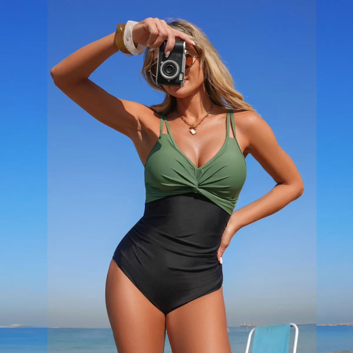 One Piece Swimsuit Color Block V Neck Twist Front Ruched Tummy Control Double Strap Bathing Suit