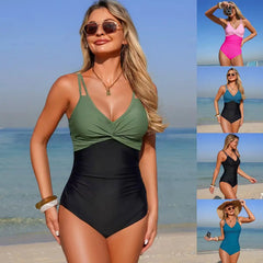 One Piece Swimsuit Color Block V Neck Twist Front Ruched Tummy Control Double Strap Bathing Suit