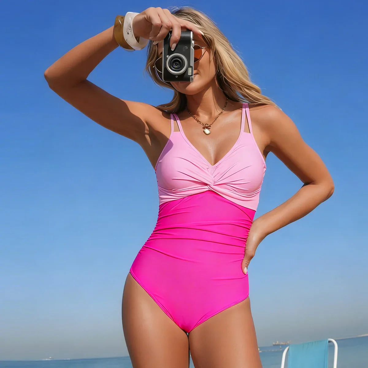 One Piece Swimsuit Color Block V Neck Twist Front Ruched Tummy Control Double Strap Bathing Suit