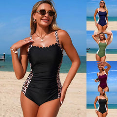 One Piece Swimsuit Scalloped Edge Leopard Print Ruched Tummy Control Square Neck Bathing Suit