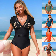 One Piece Swimsuit V Neck Ruffle Sleeve Palm Tree Embroidery Tummy Control Ruched Bathing Suit