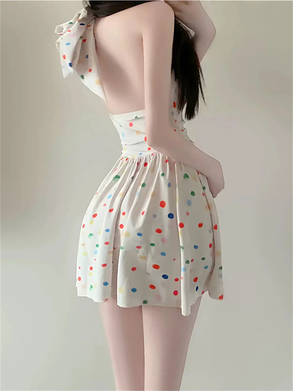 One-piece Skirt Swimsuit Beige Wave Point Print V Neck Korean Style Backless Slimming High Waist Bathing Suit Swimwear