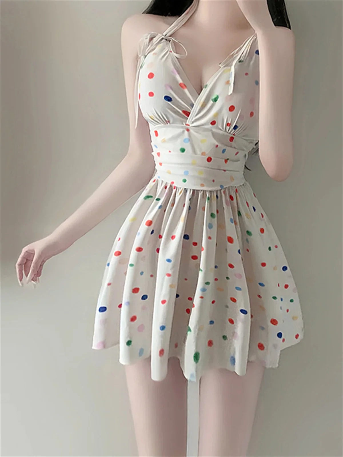 One-piece Skirt Swimsuit Beige Wave Point Print V Neck Korean Style Backless Slimming High Waist Bathing Suit Swimwear
