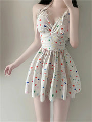 One-piece Skirt Swimsuit Beige Wave Point Print V Neck Korean Style Backless Slimming High Waist Bathing Suit Swimwear