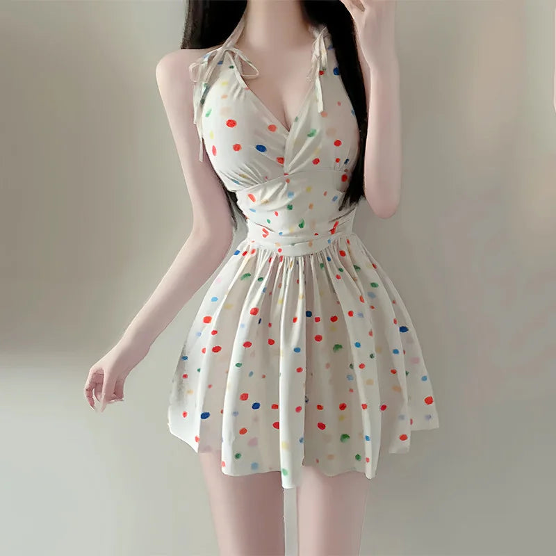 One-piece Skirt Swimsuit Beige Wave Point Print V Neck Korean Style Backless Slimming High Waist Bathing Suit Swimwear