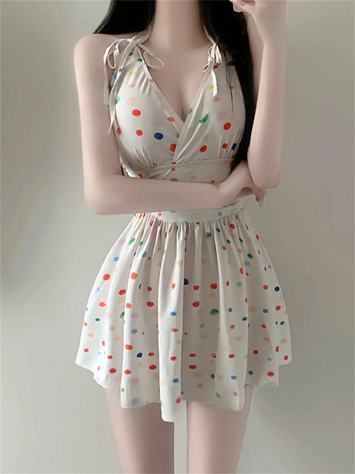 One-piece Skirt Swimsuit Beige Wave Point Print V Neck Korean Style Backless Slimming High Waist Bathing Suit Swimwear