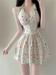 One-piece Skirt Swimsuit Beige Wave Point Print V Neck Korean Style Backless Slimming High Waist Bathing Suit Swimwear