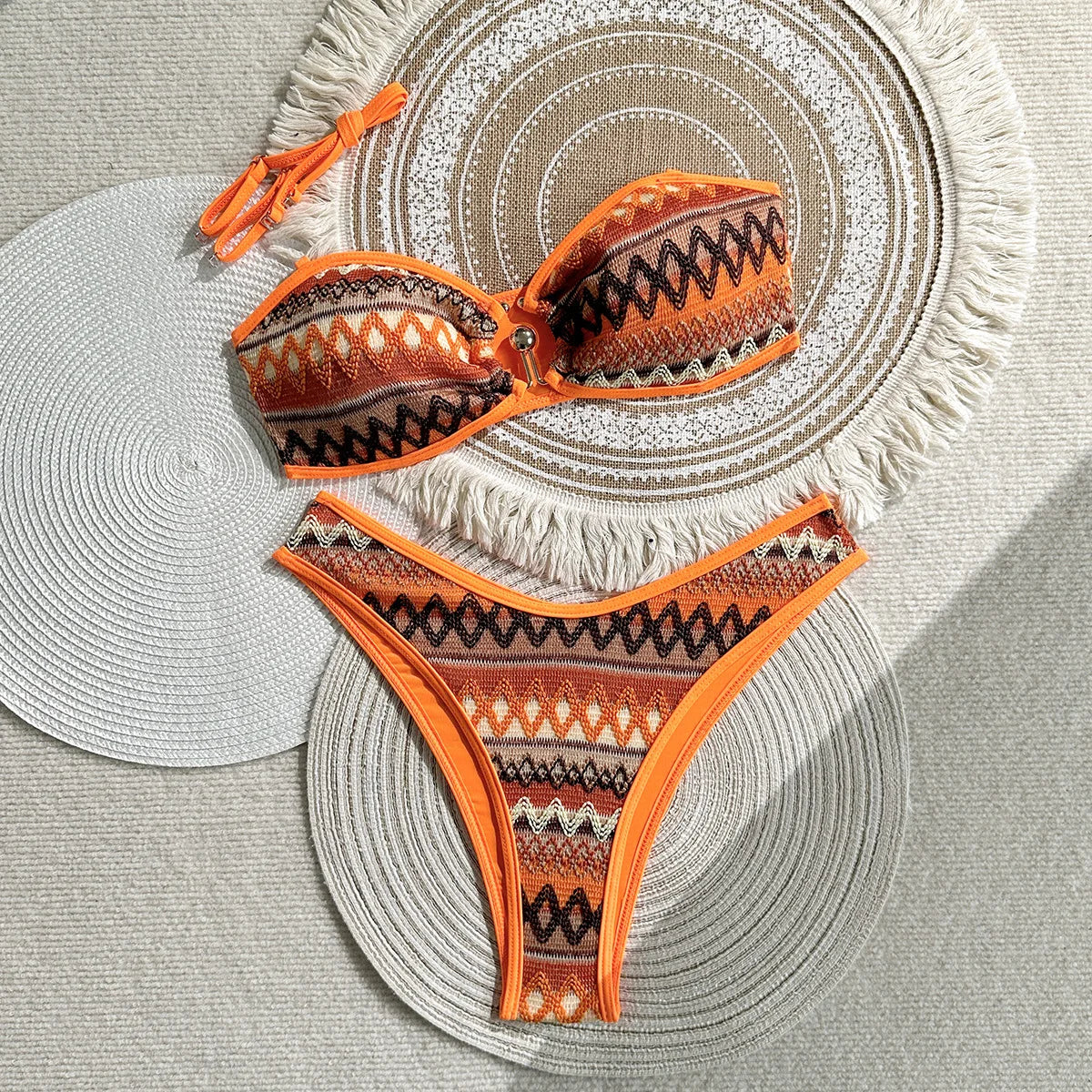 Orange Multicolor Geometric Crochet Bikini Set