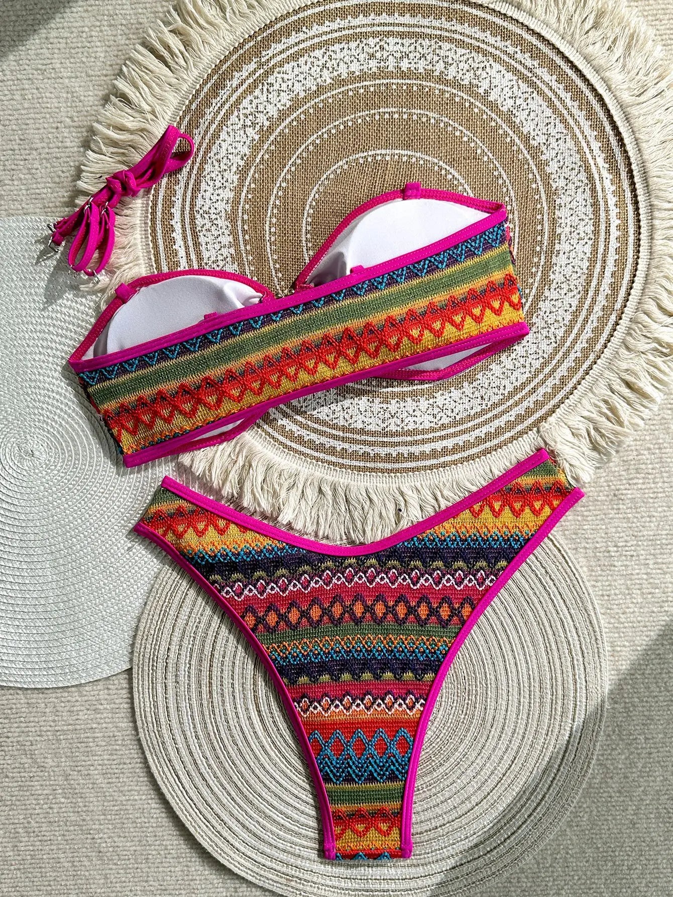 Orange Multicolor Geometric Crochet Bikini Set
