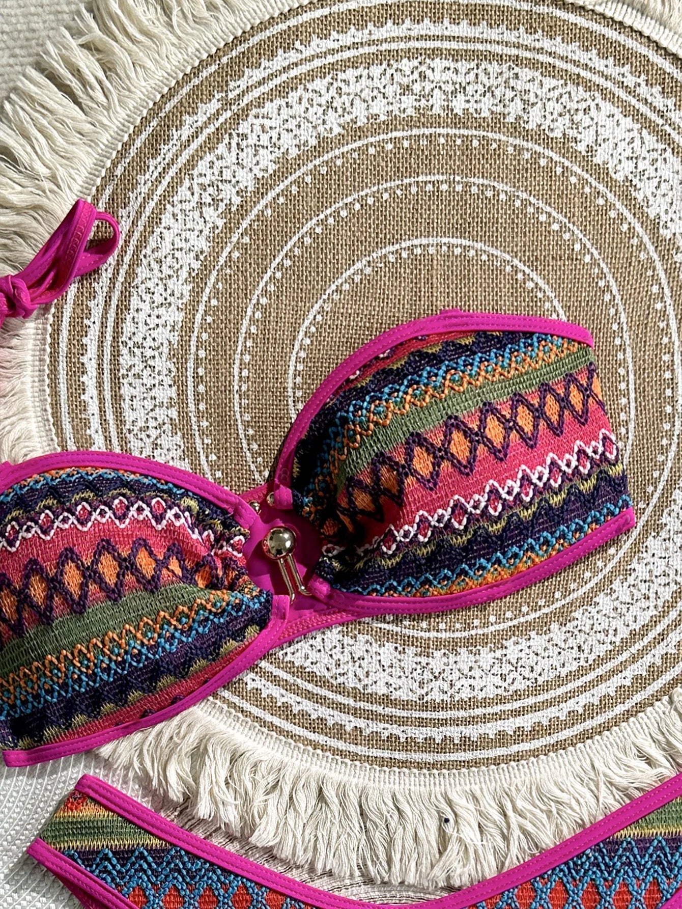 Orange Multicolor Geometric Crochet Bikini Set