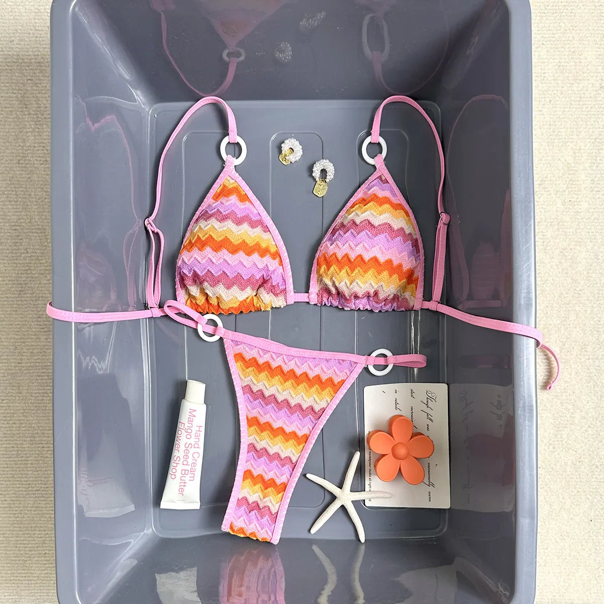Pink Multicolor Zigzag Textured Bikini Set