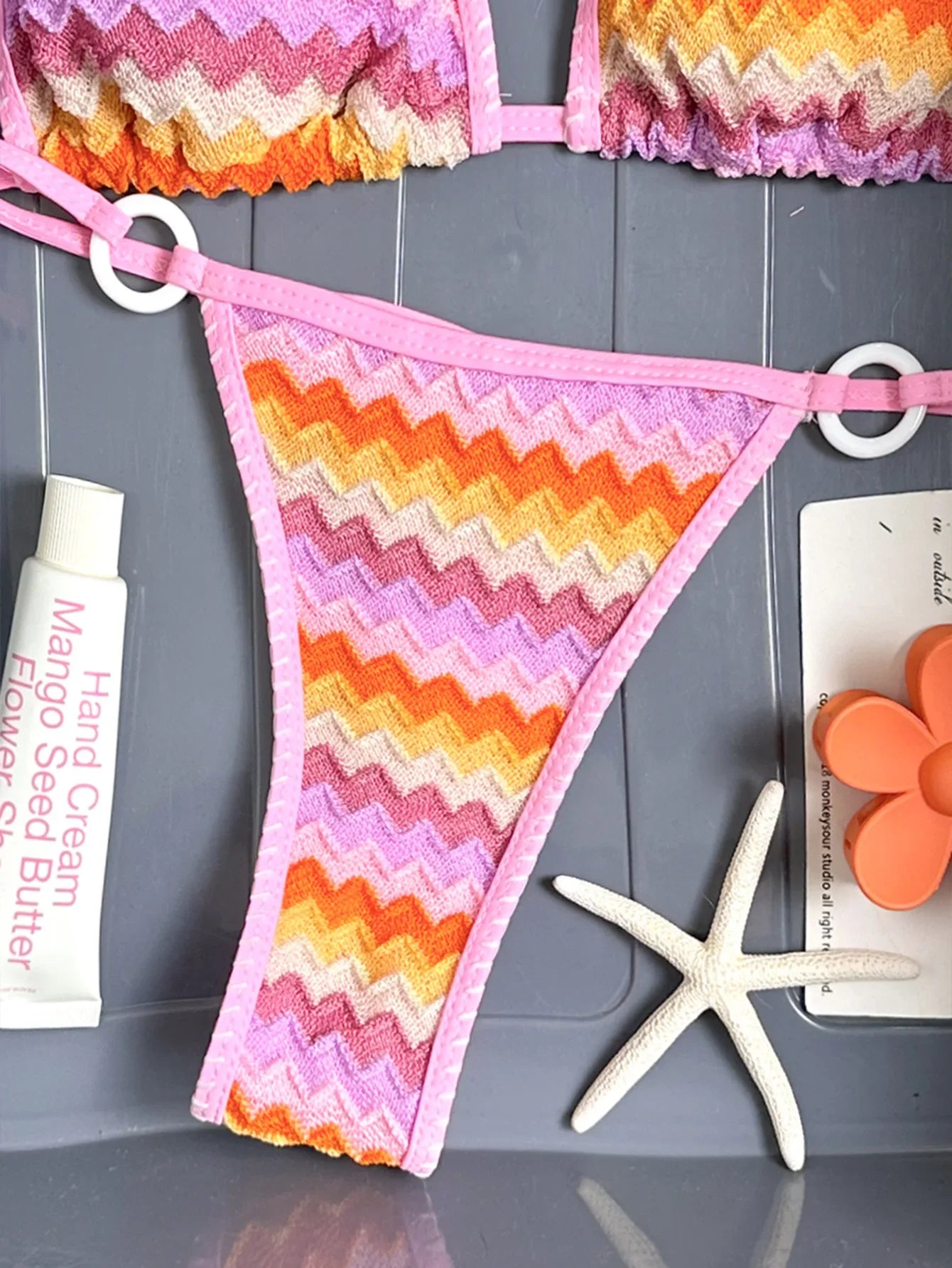 Pink Multicolor Zigzag Textured Bikini Set