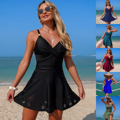 Solid Color Swim Dress One Piece Swimsuit Ruched V Neck Cutout Skirted Bathing Suit Tummy Control Swimwear