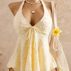 Solid Halter Neck Tie Front Textured Tankini Set