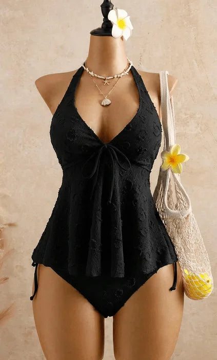 Solid Halter Neck Tie Front Textured Tankini Set