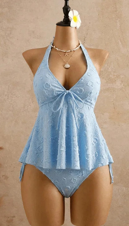 Solid Halter Neck Tie Front Textured Tankini Set