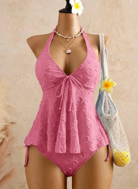 Solid Halter Neck Tie Front Textured Tankini Set