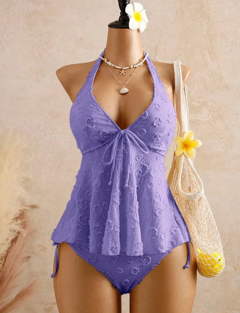 Solid Halter Neck Tie Front Textured Tankini Set