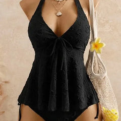 Solid Halter Neck Tie Front Textured Tankini Set