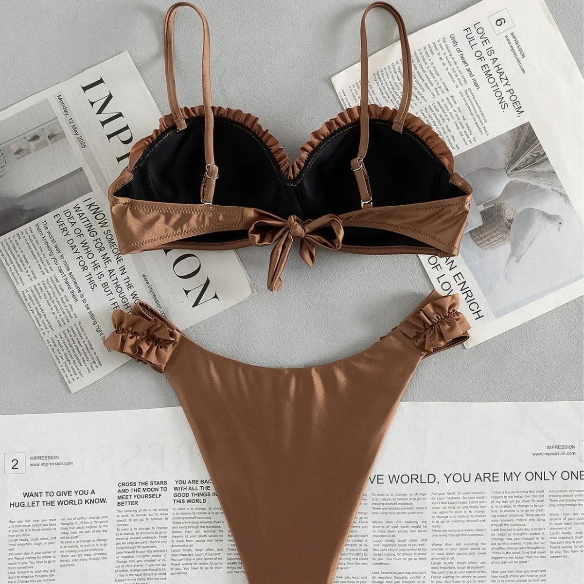 Y2K Brown Two Piece Bathing Suit Structured Underwire Cup Ruffle Frill Thin Strap High Leg Cut Bikini Pool Vacation Swimwear