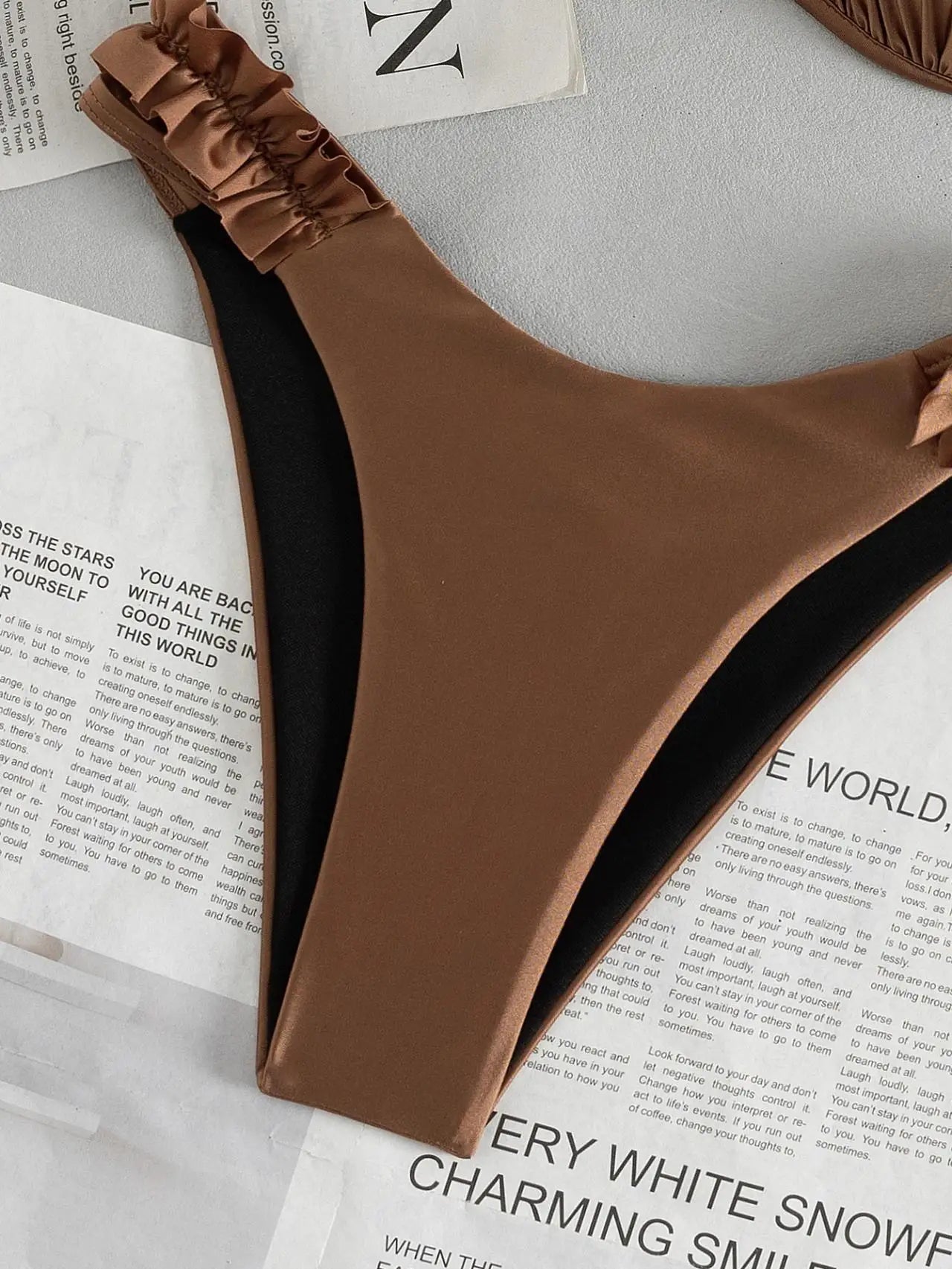 Y2K Brown Two Piece Bathing Suit Structured Underwire Cup Ruffle Frill Thin Strap High Leg Cut Bikini Pool Vacation Swimwear
