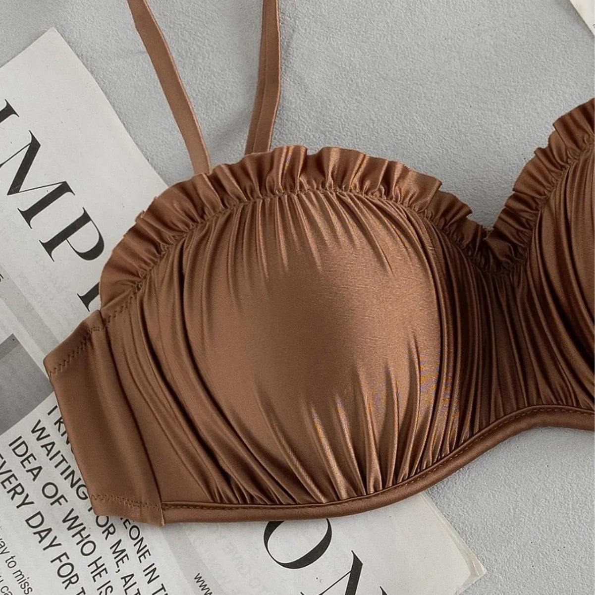 Y2K Brown Two Piece Bathing Suit Structured Underwire Cup Ruffle Frill Thin Strap High Leg Cut Bikini Pool Vacation Swimwear