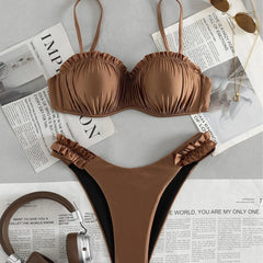 Y2K Brown Two Piece Bathing Suit Structured Underwire Cup Ruffle Frill Thin Strap High Leg Cut Bikini Pool Vacation Swimwear