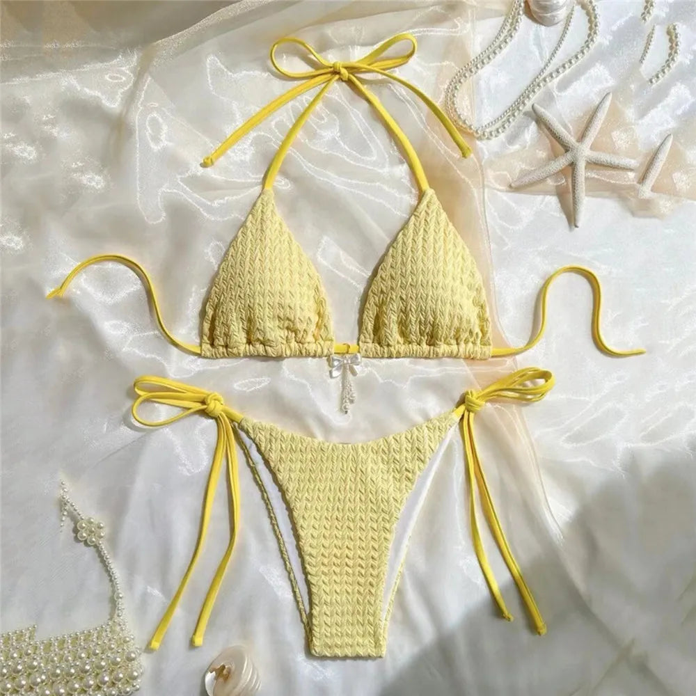 Yellow Halter String Triangle Micro Bikini Thong Solid Swimwears Bow Pearl Swimsuit Bathing Suit Bikinis Sets