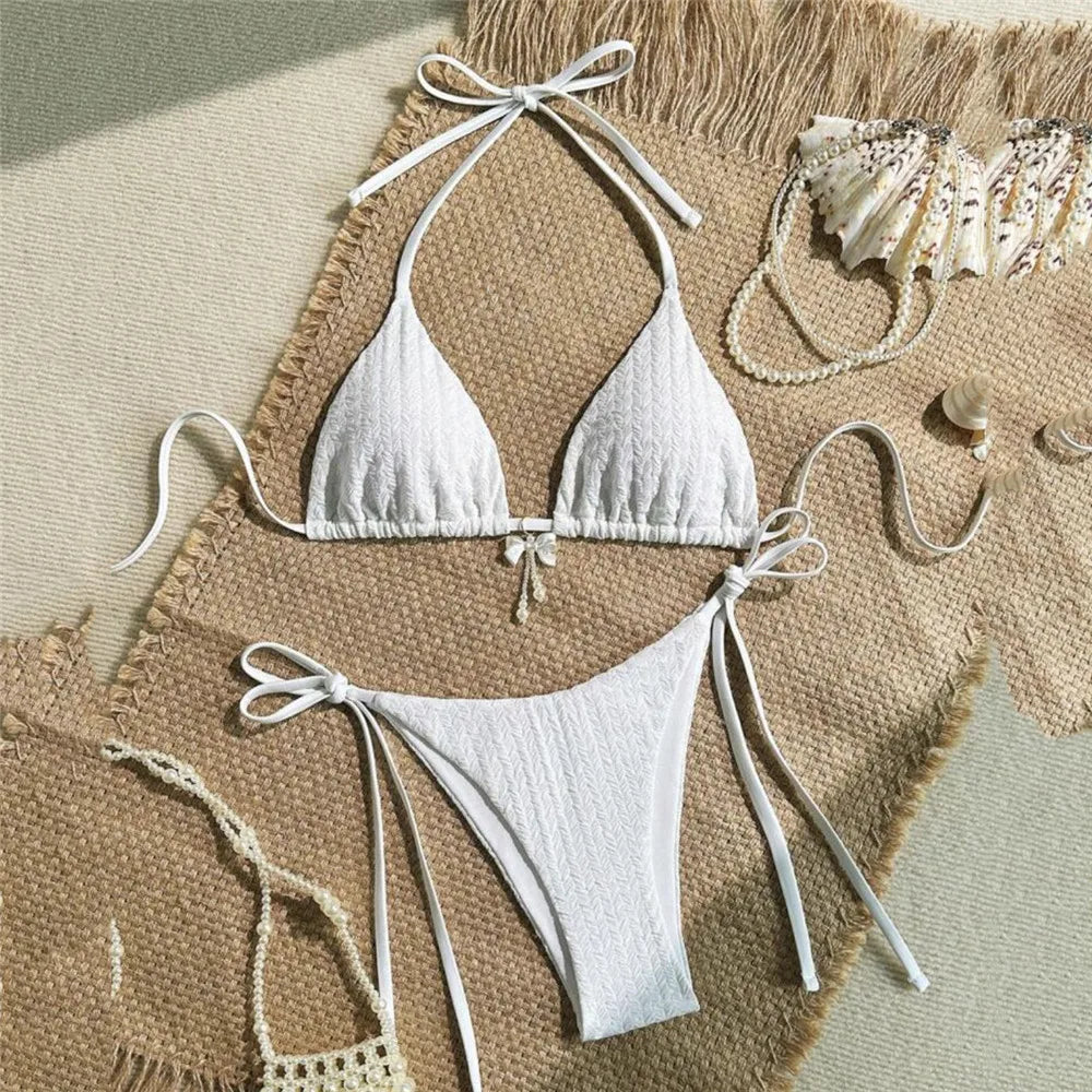 Yellow Halter String Triangle Micro Bikini Thong Solid Swimwears Bow Pearl Swimsuit Bathing Suit Bikinis Sets