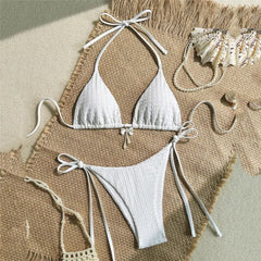 Yellow Halter String Triangle Micro Bikini Thong Solid Swimwears Bow Pearl Swimsuit Bathing Suit Bikinis Sets