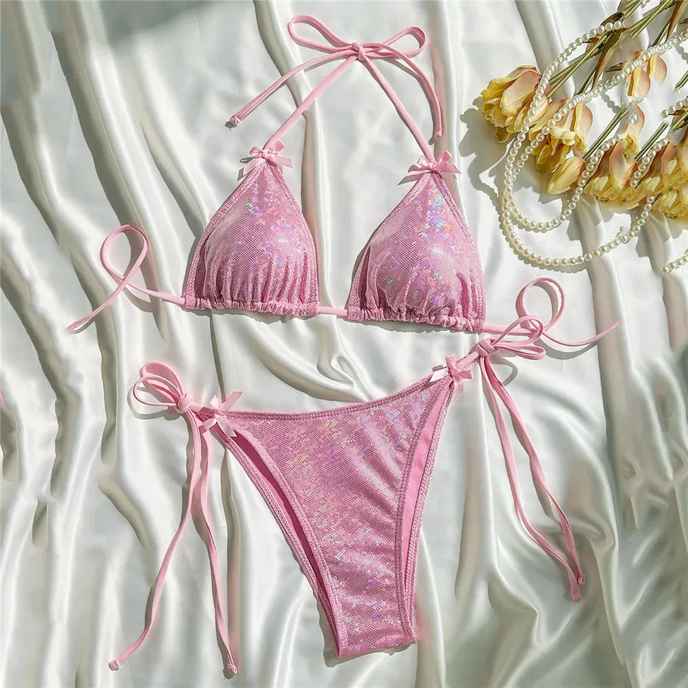 Yellow Halter String Triangle Micro Bikini Thong Solid Swimwears Bow Pearl Swimsuit Bathing Suit Bikinis Sets
