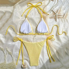 Yellow Halter String Triangle Micro Bikini Thong Solid Swimwears Bow Pearl Swimsuit Bathing Suit Bikinis Sets
