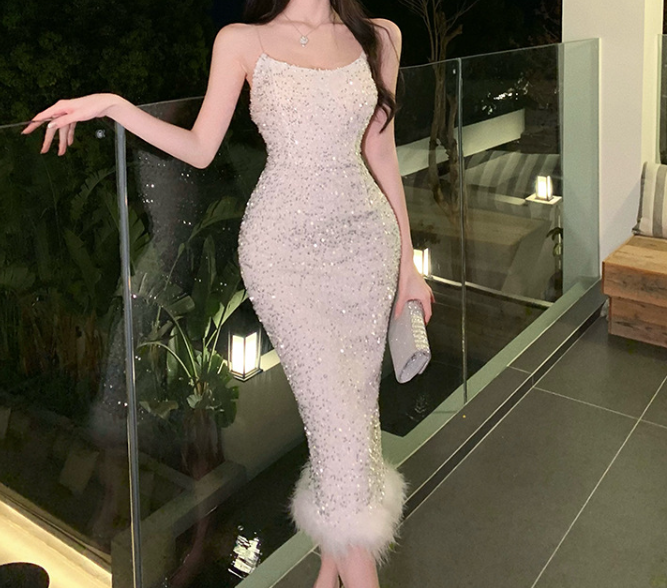 Pearl Vest Feather Patchwork Sequin Bodycon Dress