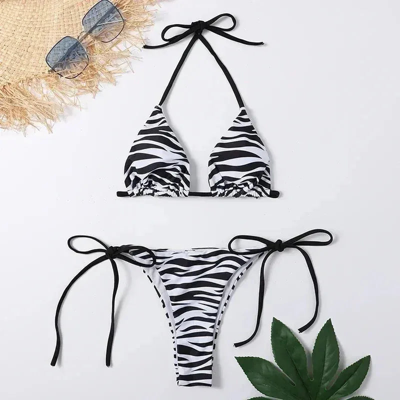 Zebra Striped Print Swimwear String Micro Bikini Thong Swimsuit Bathing Suit Halter Triangle Bikinis Sets