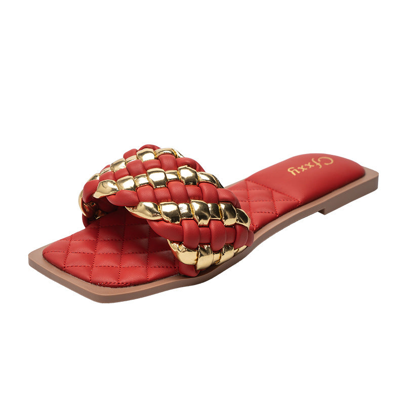 Flaxmaker Leather woven Flat Slippers