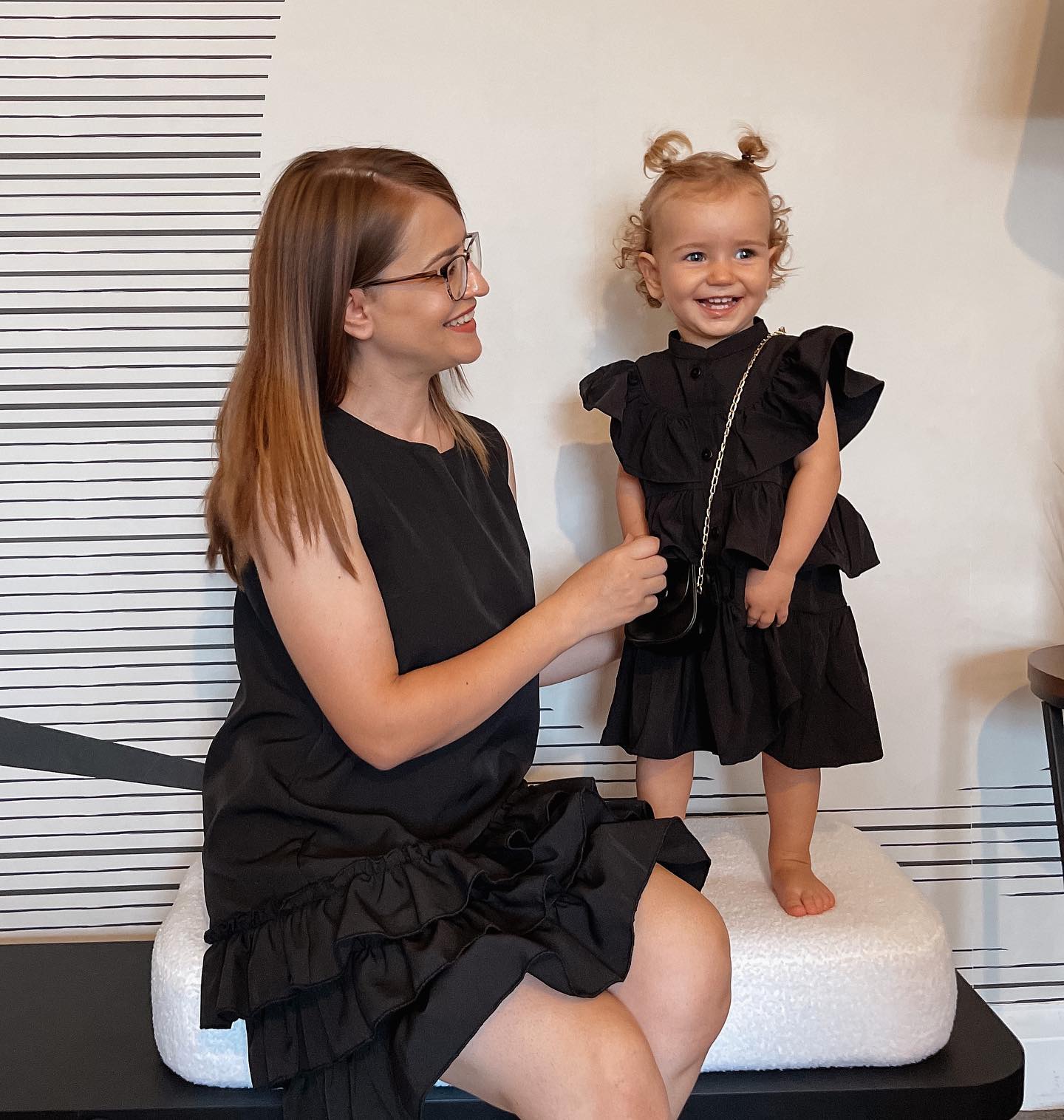 Mommy and Me Ruffled Black Tiered Dress With Bag Flaxmaker