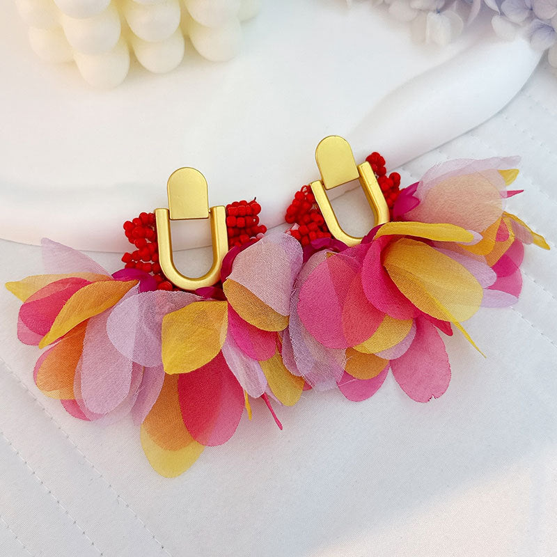 Handmade Fabric Floral Rice Bead Earrings