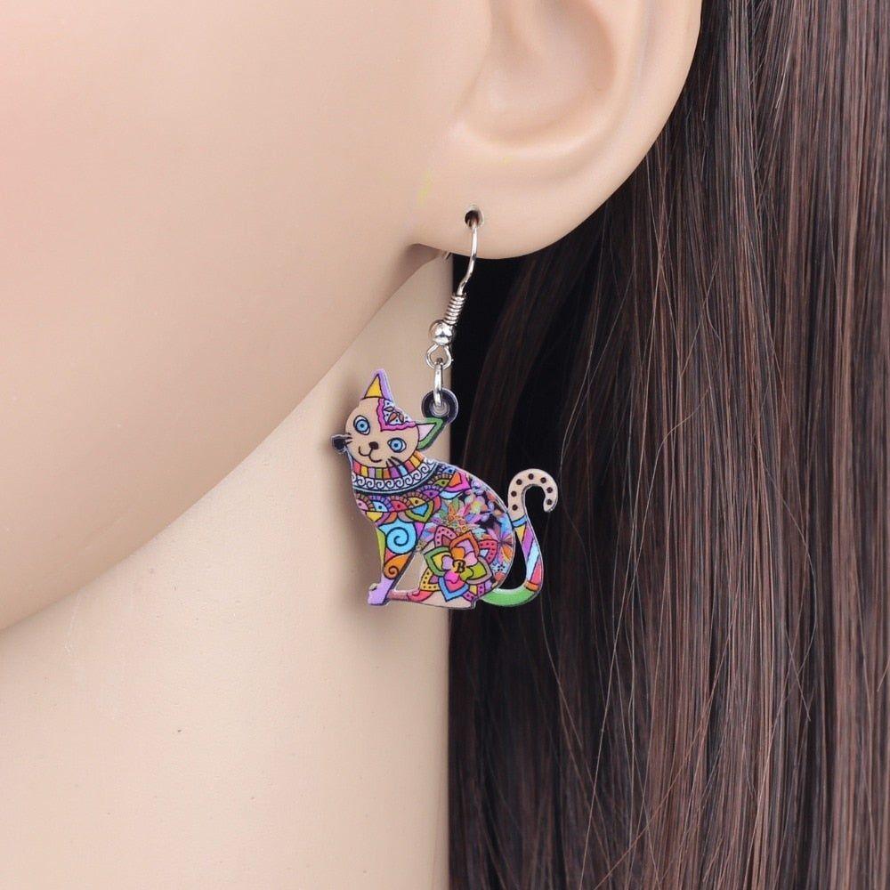 Acrylic Happy Floral Cat Pattern Earring