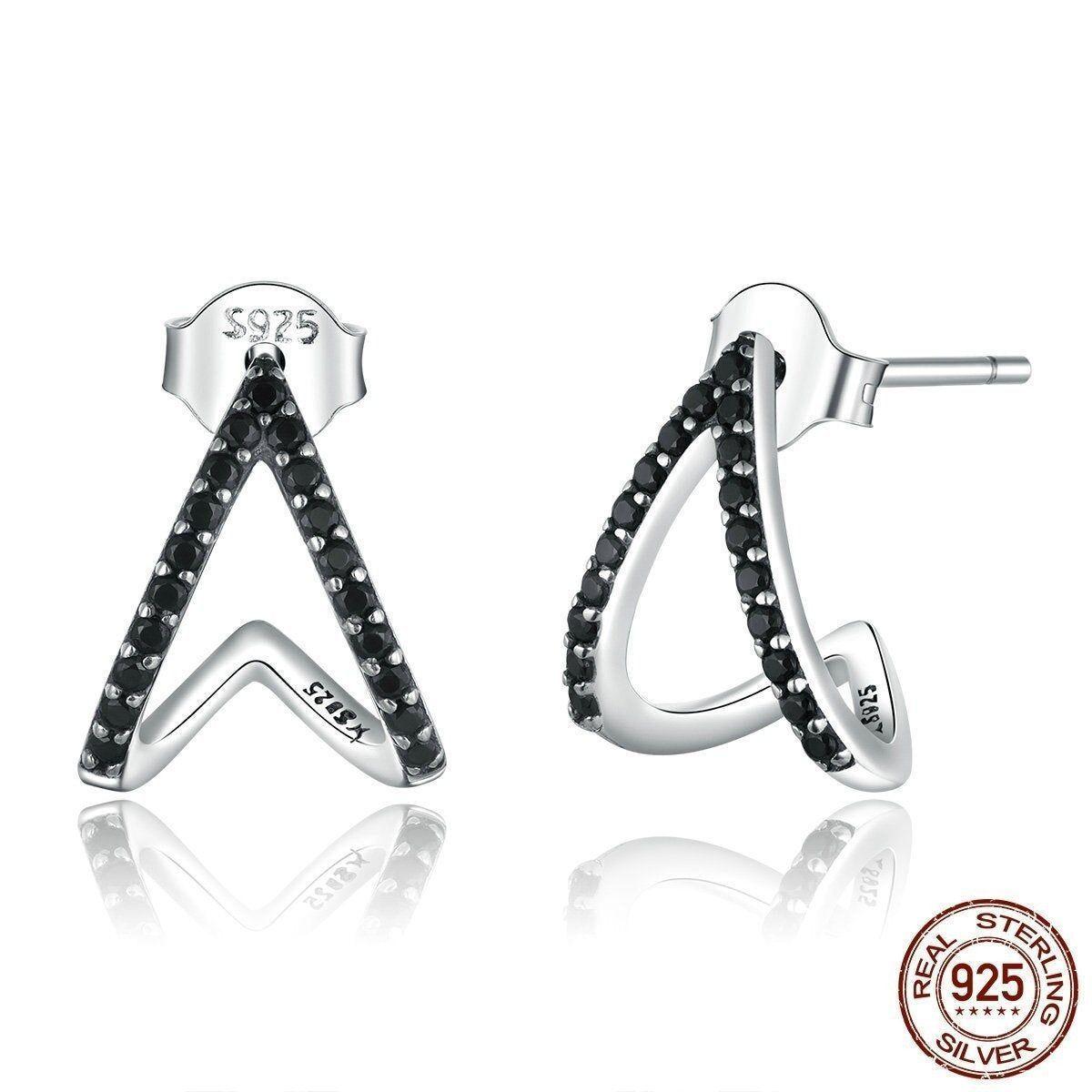 Black Geometry 925 Sterling Silver Stud Earrings