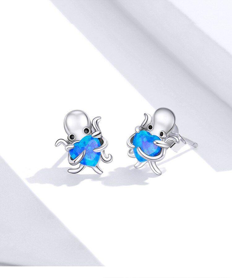 Blue Octopus Heart 925 Sterling Silver Stud Earrings