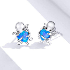 Blue Octopus Heart 925 Sterling Silver Stud Earrings