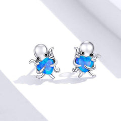 Blue Octopus Heart 925 Sterling Silver Stud Earrings