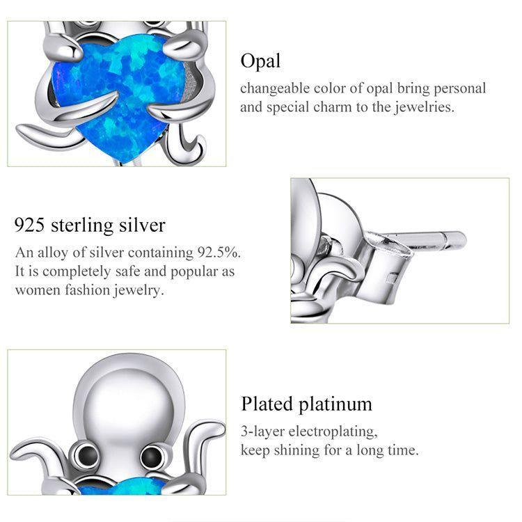 Blue Octopus Heart 925 Sterling Silver Stud Earrings