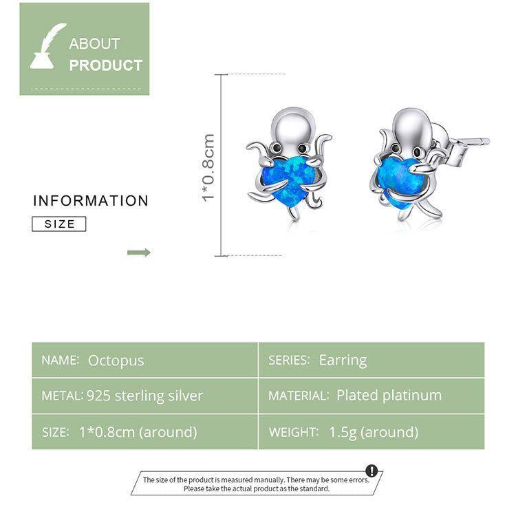 Blue Octopus Heart 925 Sterling Silver Stud Earrings