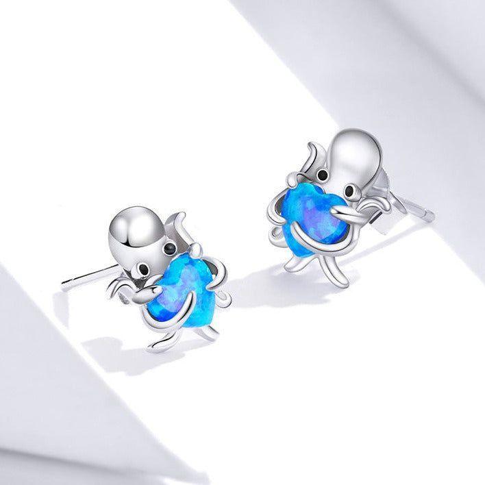 Blue Octopus Heart 925 Sterling Silver Stud Earrings